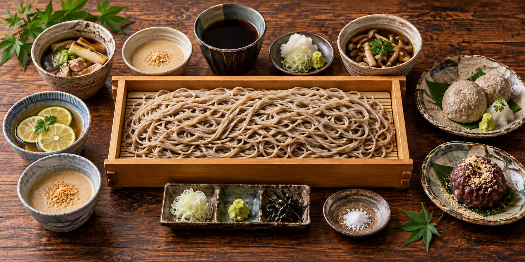 そばとさまざまなつけ汁、そば料理を並べた盛り付けイメージ