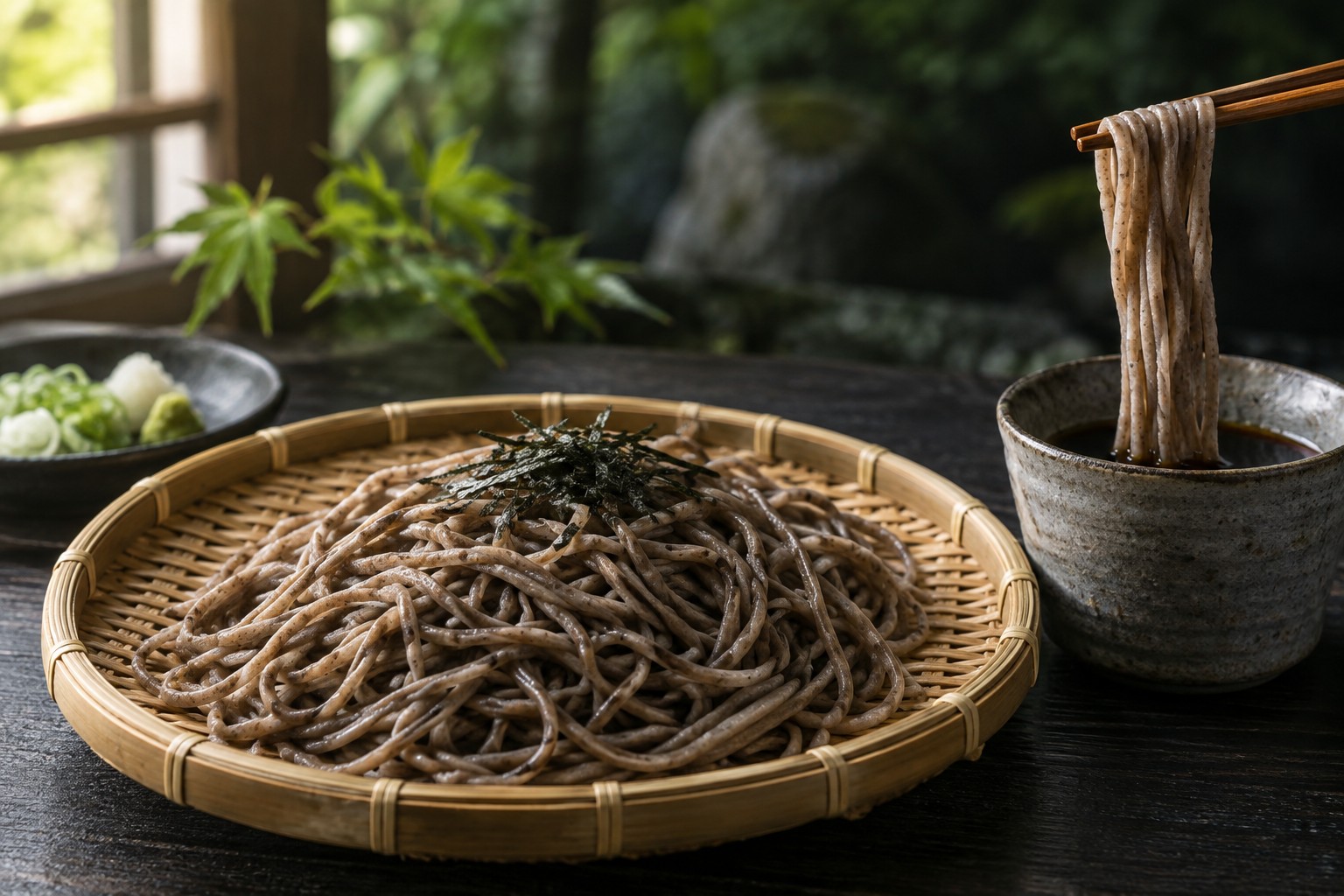 箸ですくったそばと、ざるに盛られたそばのイメージ
