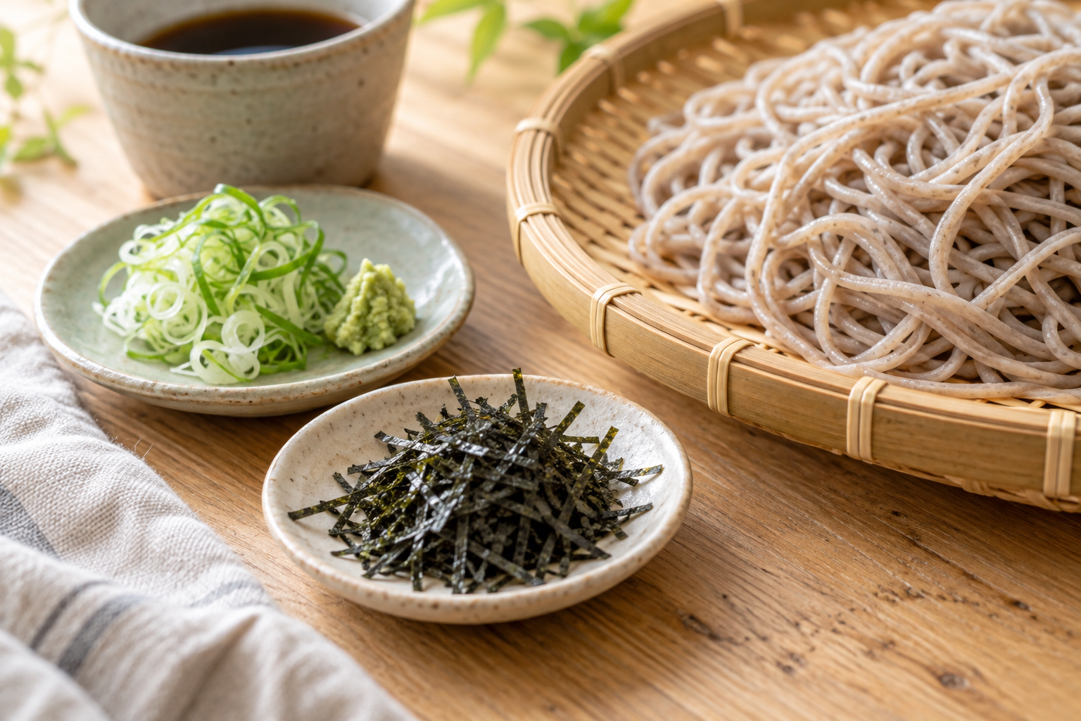 刻み海苔やねぎ、わさびを添えたそばの食卓
